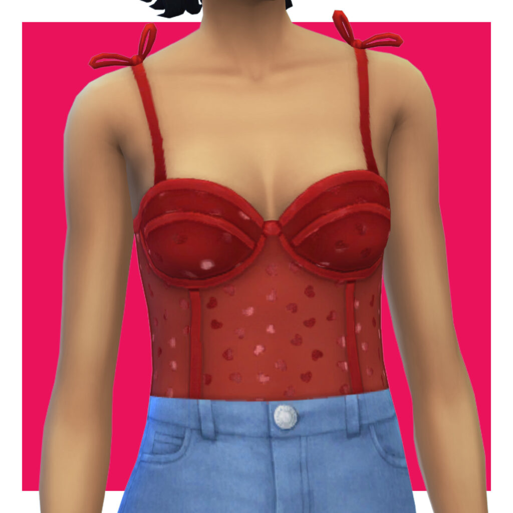 Ein Sim auf einem pinken Hintergrund trägt Jeans mit einem roten Miederbody mit kleinen Herzen darauf und Bändern für die Ärmel.