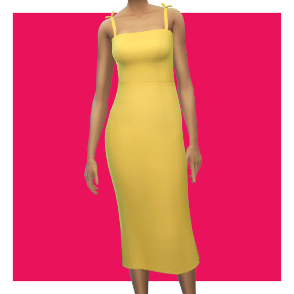 Ein Sim auf einem rosa Hintergrund trägt ein knielanges gelbes Kleid mit einem geraden Ausschnitt und Bändern als Träger.