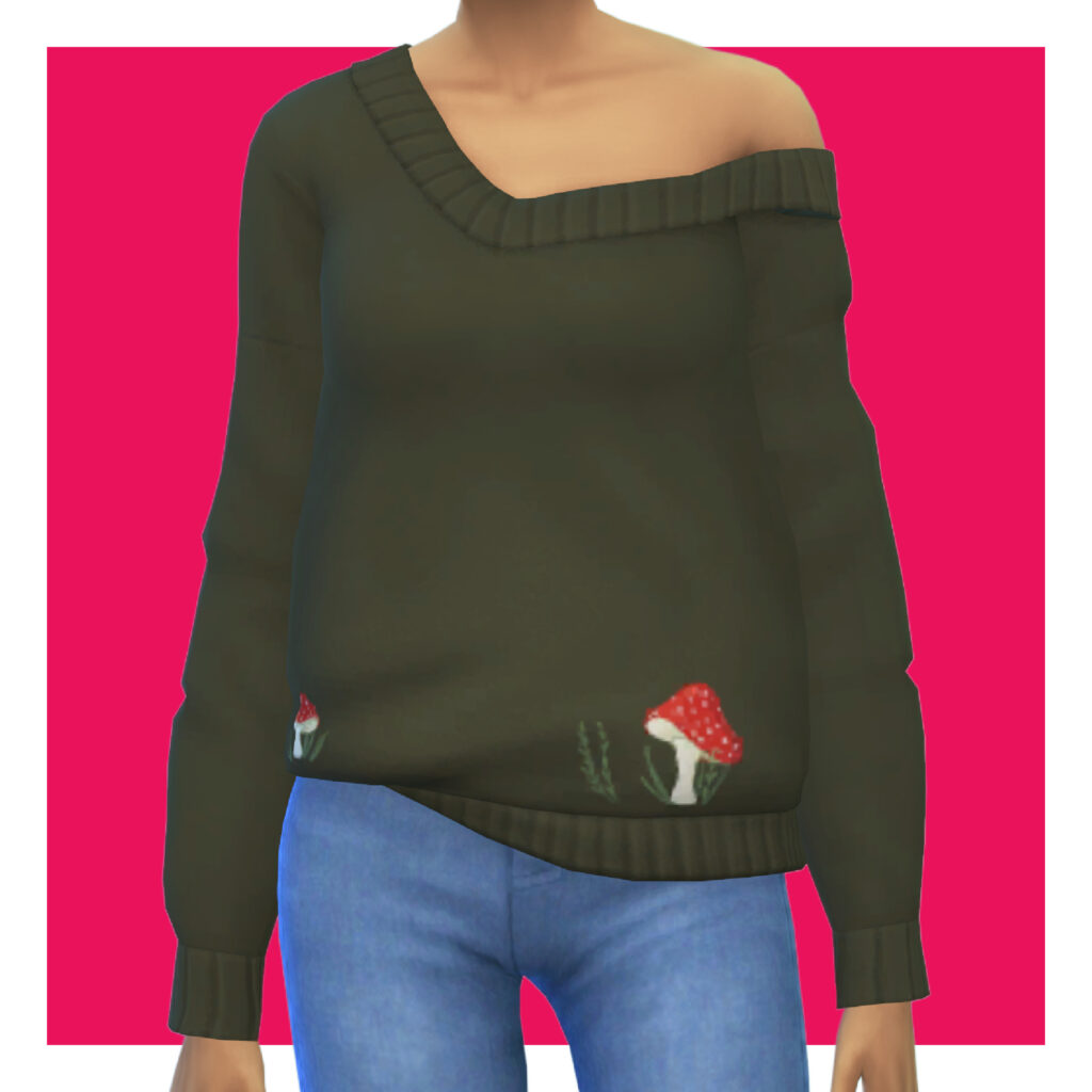 Ein Sim auf einem rosa Hintergrund trägt Jeans und einen grünen Pullover, der einen Pilz in der unteren Ecke hat.