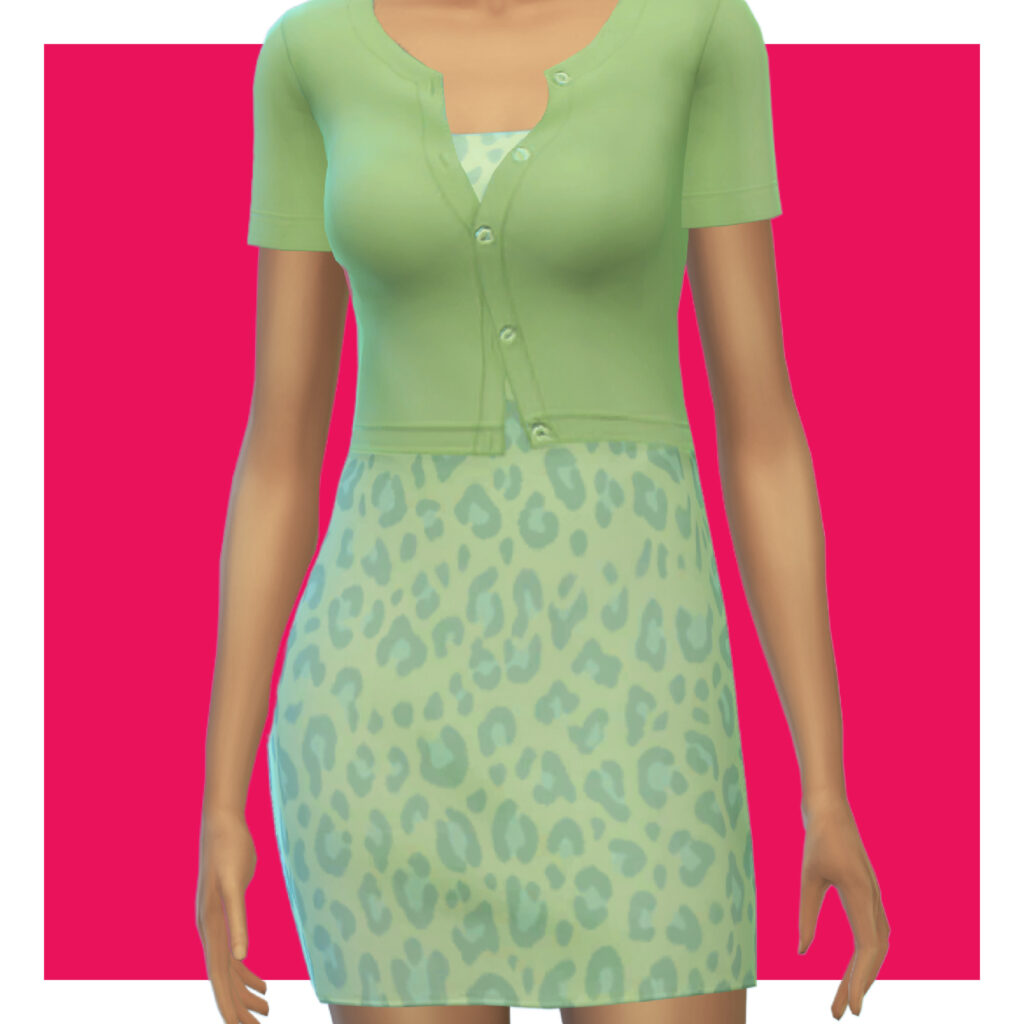 Ein Sim auf einem rosa Hintergrund trägt ein grünes Leopardenmusterkleid unter einem T-Shirt-Cardigan.