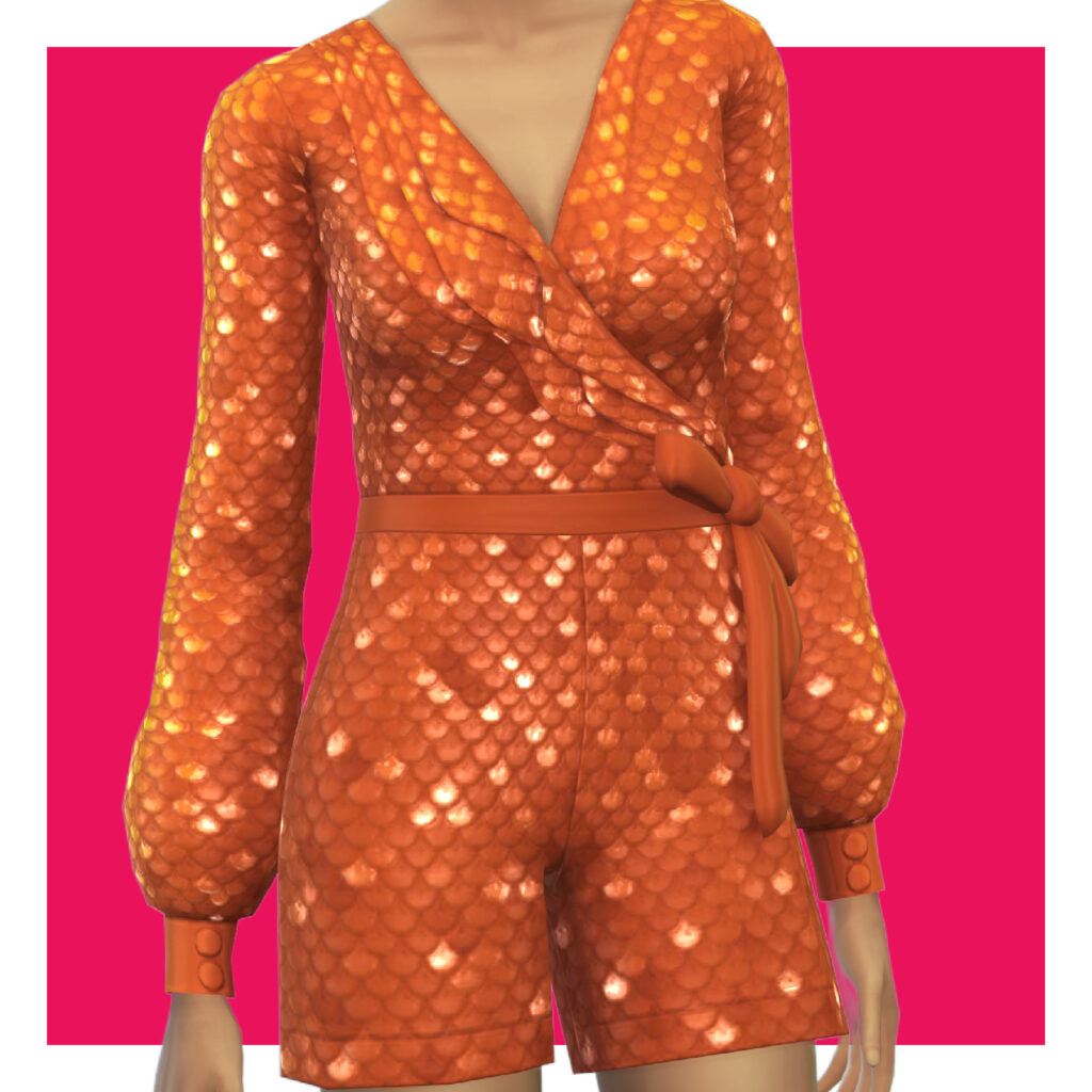 Ein Sim auf einem pinken Hintergrund, der einen orangefarbenen Shorts-Romper trägt, der mit Glitzerpailletten bedeckt ist.