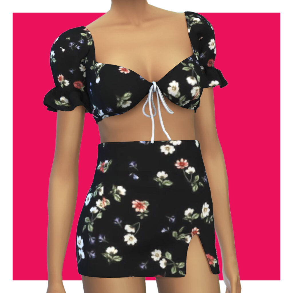 Ein Sim auf einem rosa Hintergrund, der ein zweiteiliges Set mit einem Rock und einem Oberteil in einem schwarzen Print mit Blumen trägt.