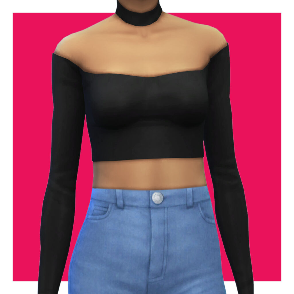 Eine Sim auf einem rosa Hintergrund, die ein schwarzes Langarm-Crop-Top mit einem weiten Halsausschnitt und einem passenden Choker-Stück trägt.