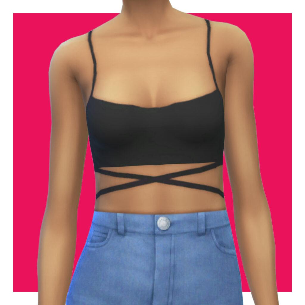 Ein Sim auf einem rosa Hintergrund, der eine blaue Jeans und ein schwarzes Tanktop trägt, das ein Crop-Top ist. Unter dem Crop-Top befinden sich zwei schwarze Träger, die ein X bilden