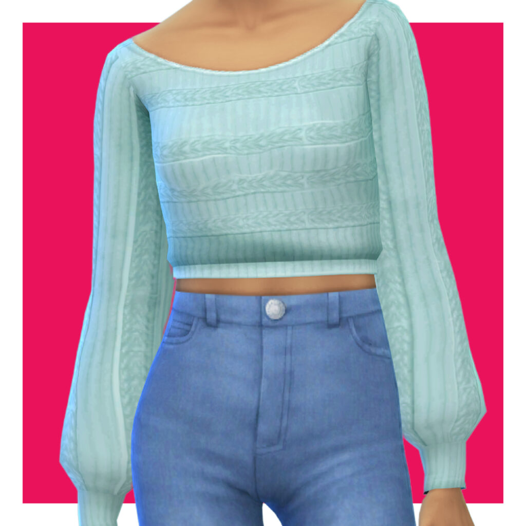 Ein Sim auf einem rosa Hintergrund, der Jeans mit einem blauen Pullover mit Glockenärmeln trägt, die am Handgelenk gerafft sind.