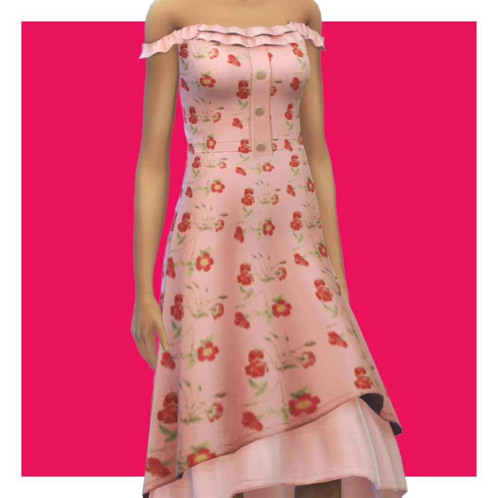 Ein Sim auf einem rosa Hintergrund, der ein hellrosa Kleid trägt, das mit Blumen bedeckt ist, einen geraden Ausschnitt und einen Hi-Lo-Schnitt hat.