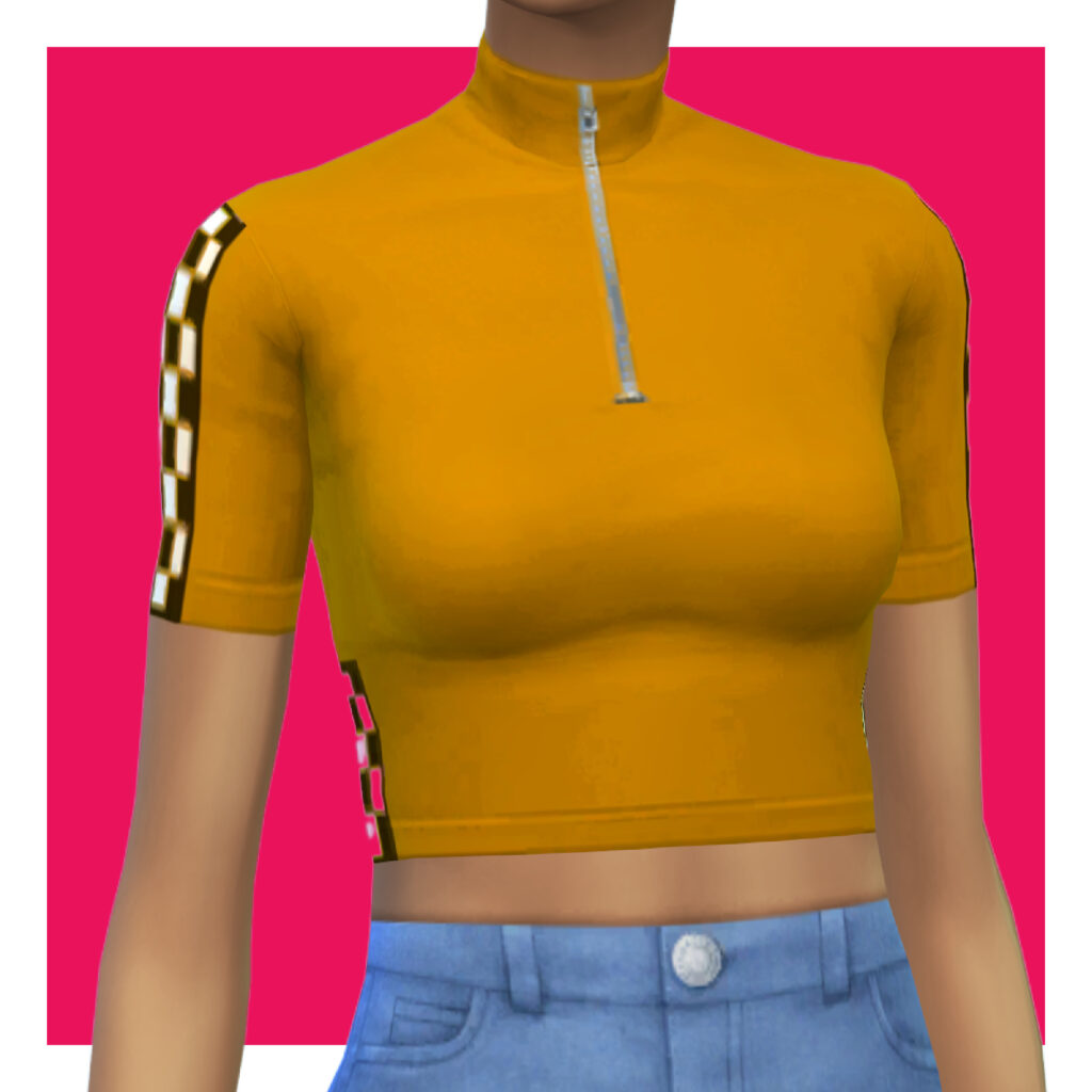 Ein Sim auf einem rosa Hintergrund trägt einen senfgelben T-Shirt-Pullover mit Reißverschluss und einem schwarz-weißen Schachbrettmuster am Arm.