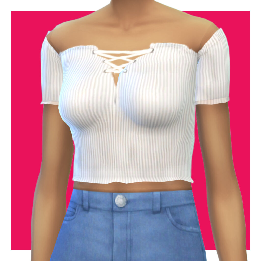 Ein Sim auf einem rosa Hintergrund, der eine Jeans und ein weißes T-Shirt trägt, das am Saum mit Riemen verbunden ist.