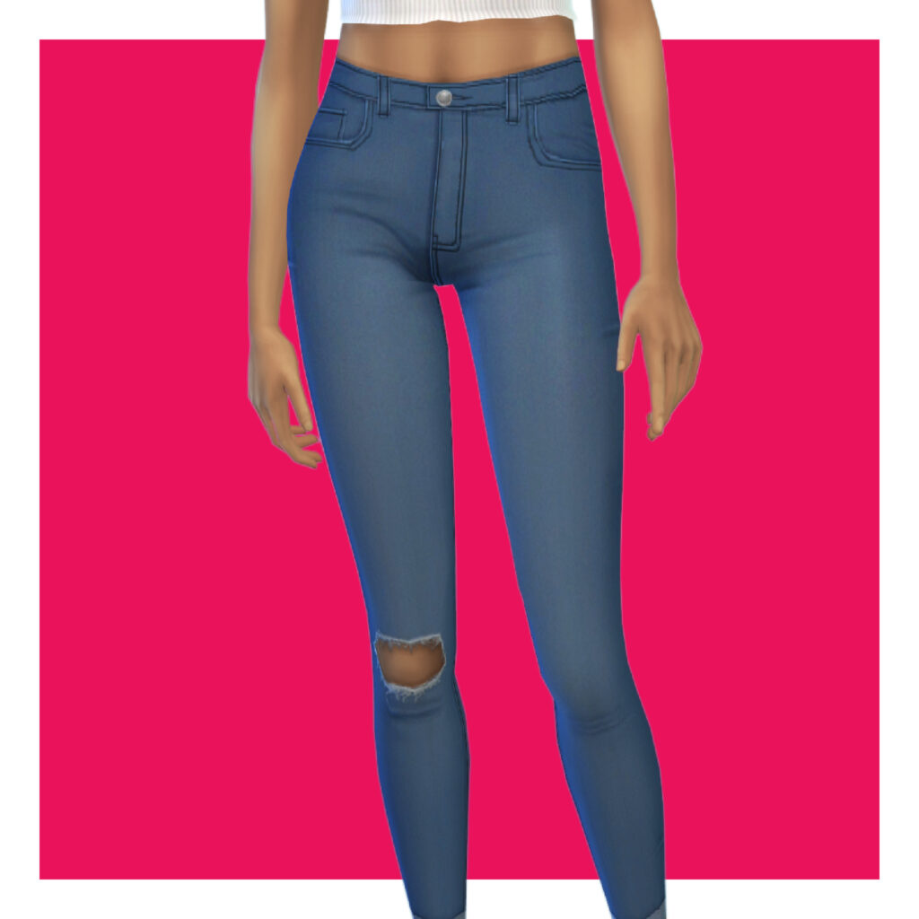 Ein Sim auf einem rosa Hintergrund, der eine Jeans trägt, die ein Loch auf einem der Knie hat.