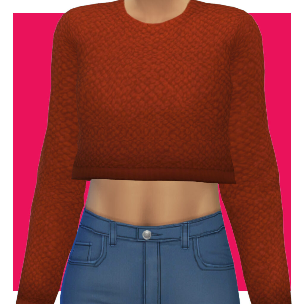 Ein Sim auf einem rosa Hintergrund, der dunkelblaue Jeans und einen orangefarbenen Pullover trägt, der gestrickt und verkürzt ist.