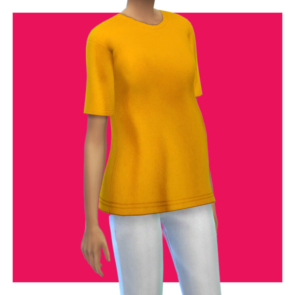 Ein Sim auf einem rosa Hintergrund, der weiße Sweatpants und ein übergroßes gelbes Shirt trägt.