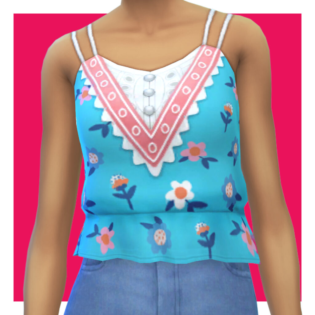 Ein Sim auf einem rosa Hintergrund, der eine blaue Jeans und ein Tanktop mit zwei kleinen weißen Trägern an den Seiten trägt. Das Tanktop hat ein florales Muster.