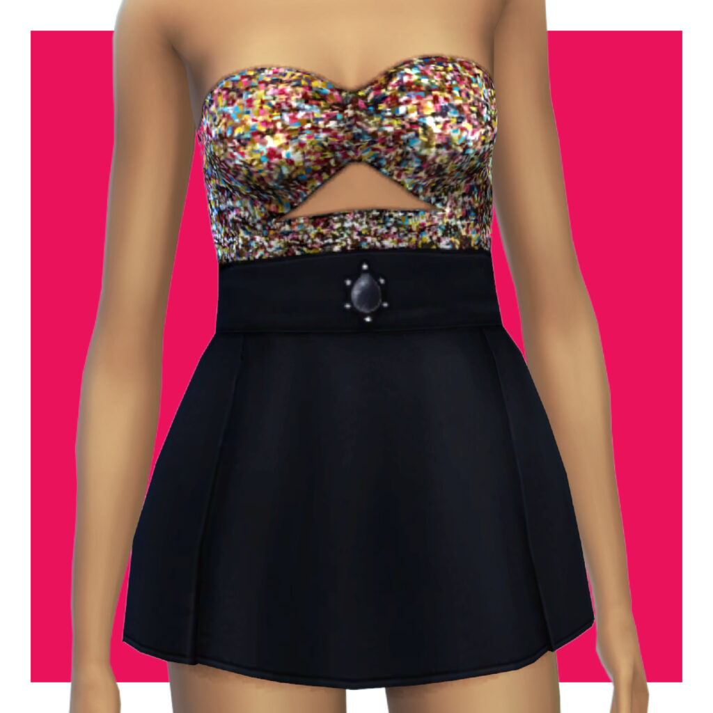 Ein Sim auf einem rosa Hintergrund trägt ein Kleid mit einem herzförmigen Ausschnitt und ist trägerlos. Der obere Teil ist glitzernd und der untere Teil ist schwarz.