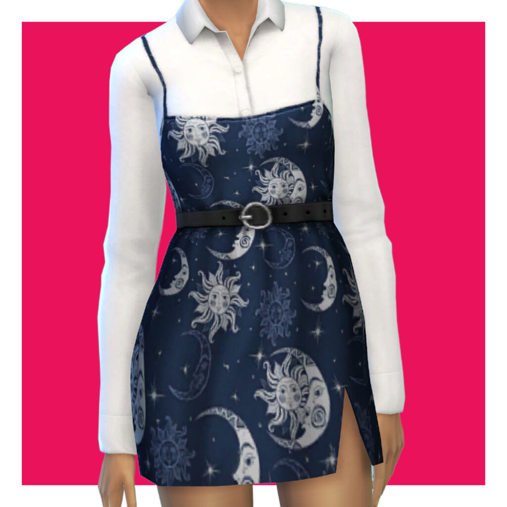 Ein Sim auf einem rosa Hintergrund, der ein weißes Knopfhemd unter einem Spaghettiträgerkleid trägt, das mit Sonnen, Monden und Sternen bedeckt ist.