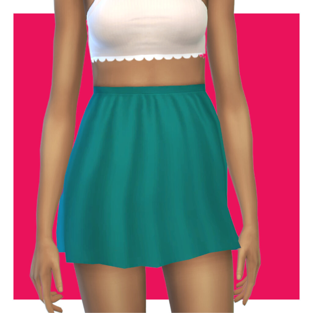 Ein Sim auf einem rosa Hintergrund trägt ein weißes Crop-Top und einen türkisfarbenen Minirock mit hoher Taille.