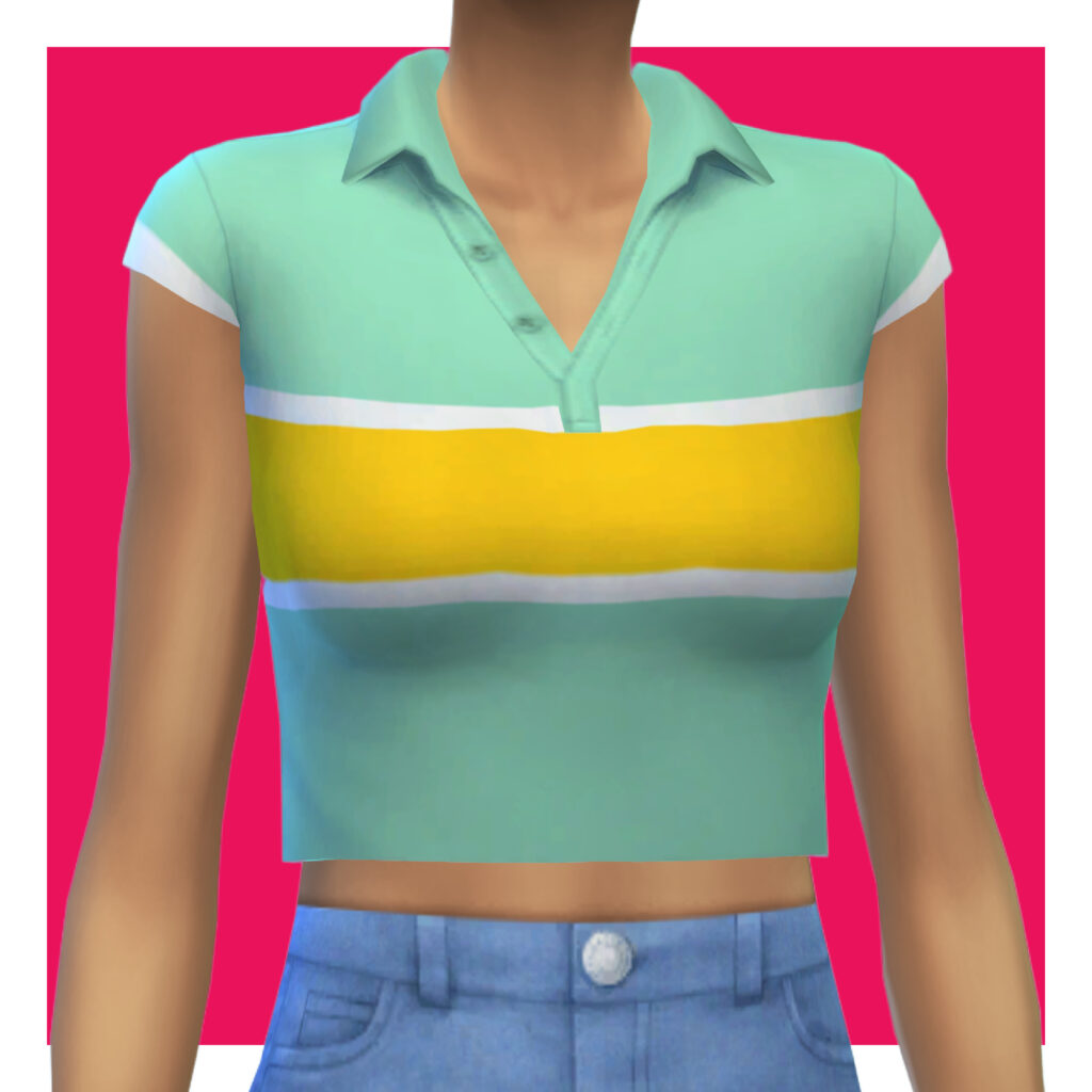 Eine Sim auf einem rosa Hintergrund trägt eine blaue Jeans und ein Kurzarm-T-Shirt mit Kragen und Knöpfen im Farbblock-Stil.