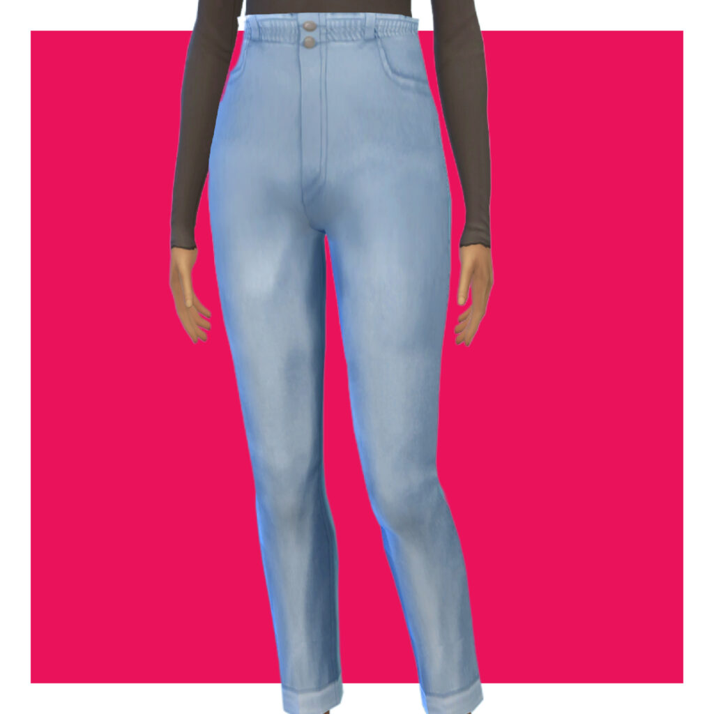 Ein Sim auf einem rosa Hintergrund trägt blaue Sweatpants.