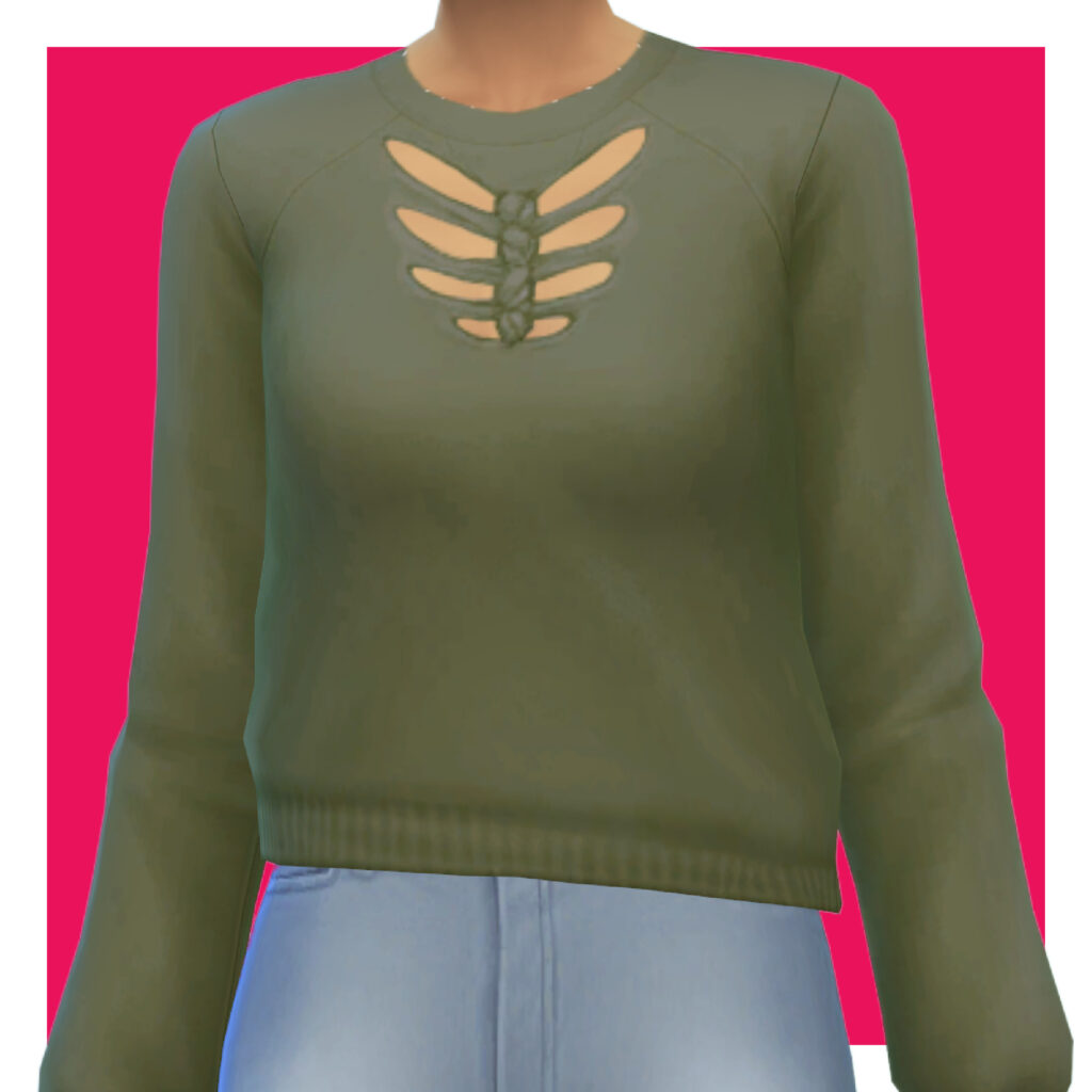 Ein Sim auf einem rosa Hintergrund, der eine blaue Jeans und einen grünen Langarm-Pullover mit Ausschnitten auf der Brust trägt.