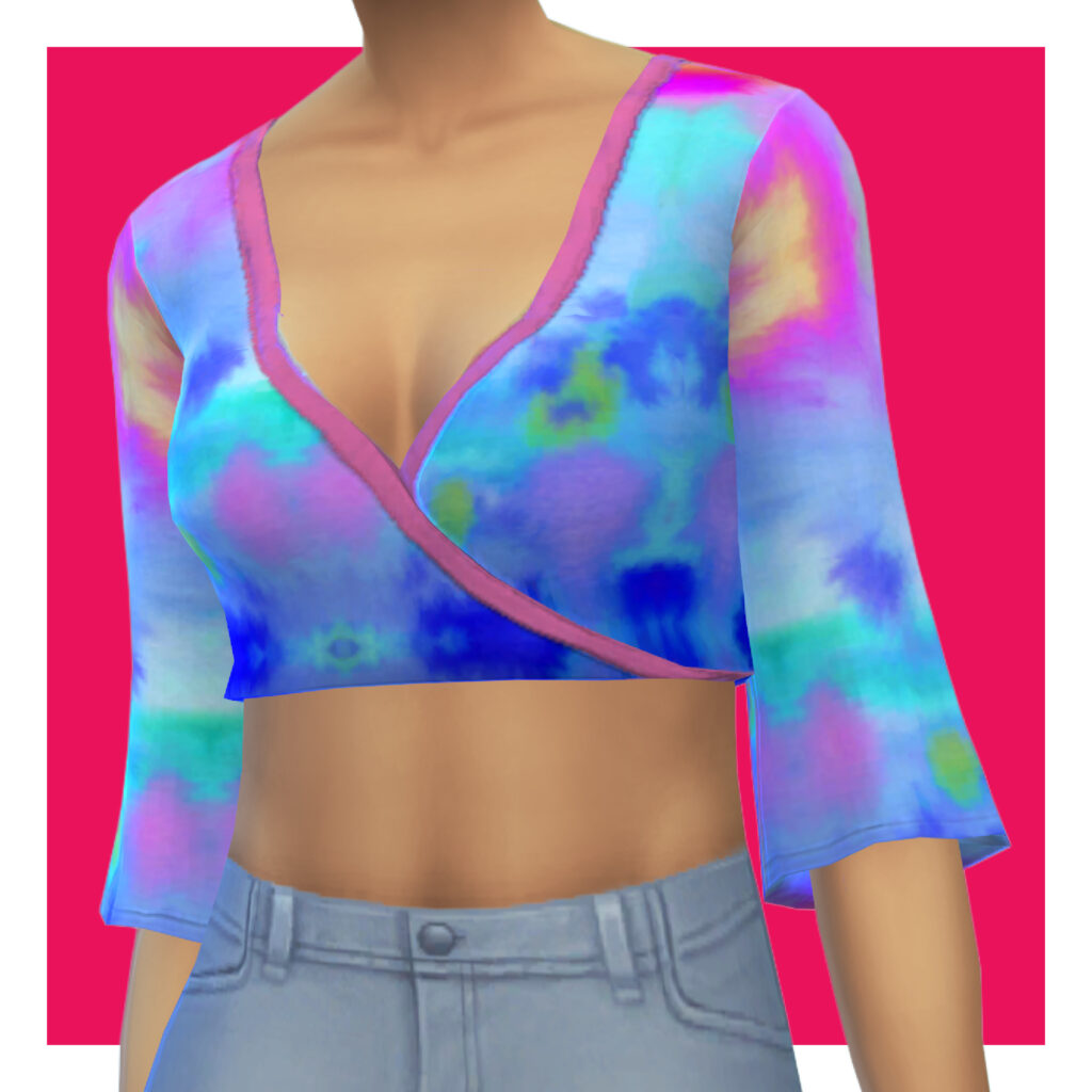 Ein Sim auf einem rosa Hintergrund, der blaue Jeans und ein Crop-Top trägt. Das Oberteil ist ein Wickeloberteil mit Glockenärmeln und einem bunten, fast tie-dye Muster.