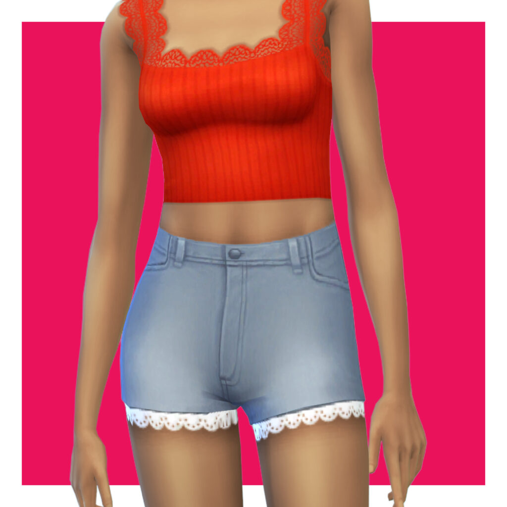 Ein Sim auf einem rosa Hintergrund, der ein rotes Top mit breiten Trägern und Shorts trägt, die am Saum mit weißer Spitze verziert sind.
