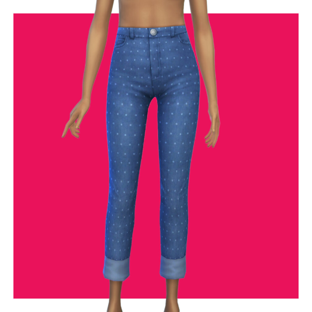 Eine Sim auf einem rosa Hintergrund, die eine Jeans trägt, die am Saum umgeschlagen ist und mit Polka Dots bedeckt ist.