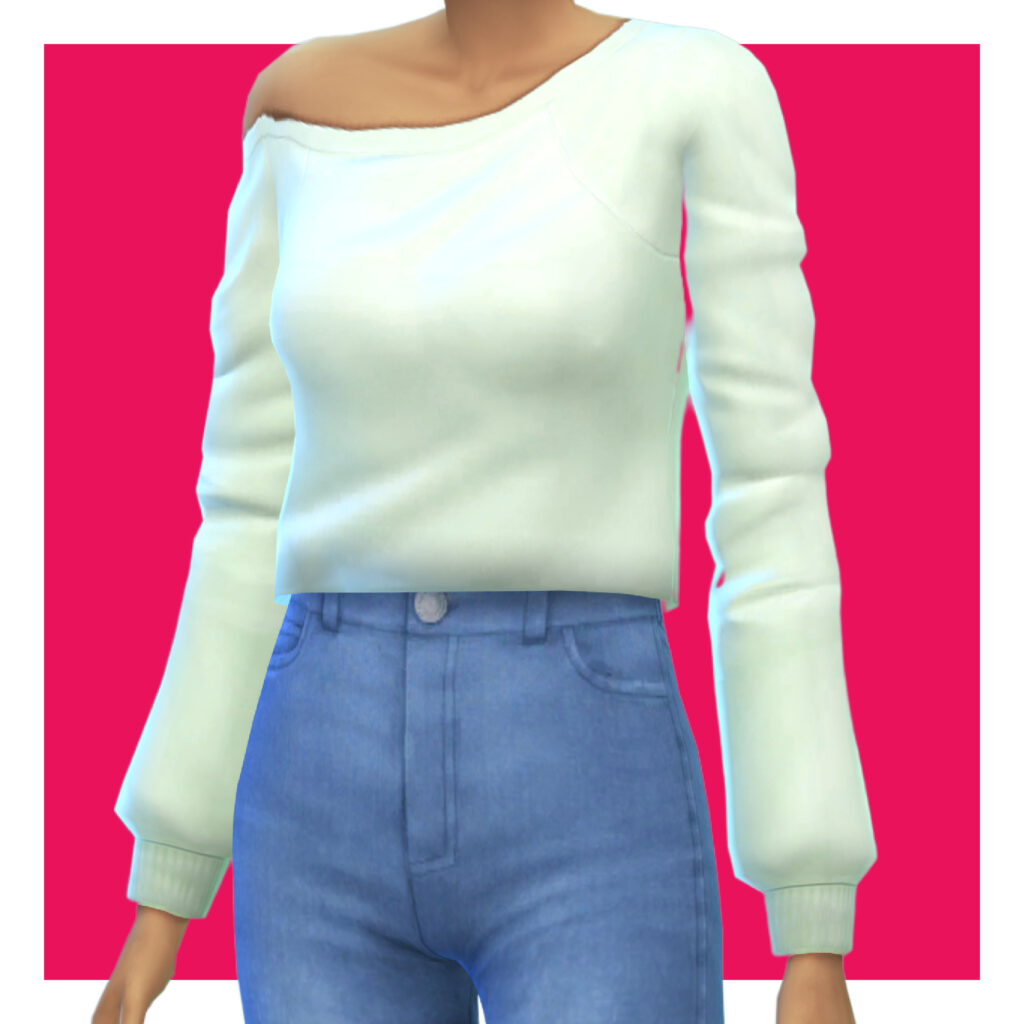 Ein Sim auf einem rosa Hintergrund, der eine Jeans mit einem schulterfreien weißen Pullover mit langen Ärmeln trägt.
