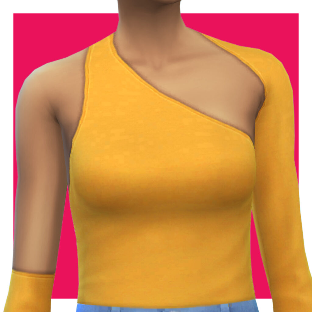 Ein Sim auf pinkem Hintergrund, der einen gelben Bodysuit mit Armöffnungen trägt.