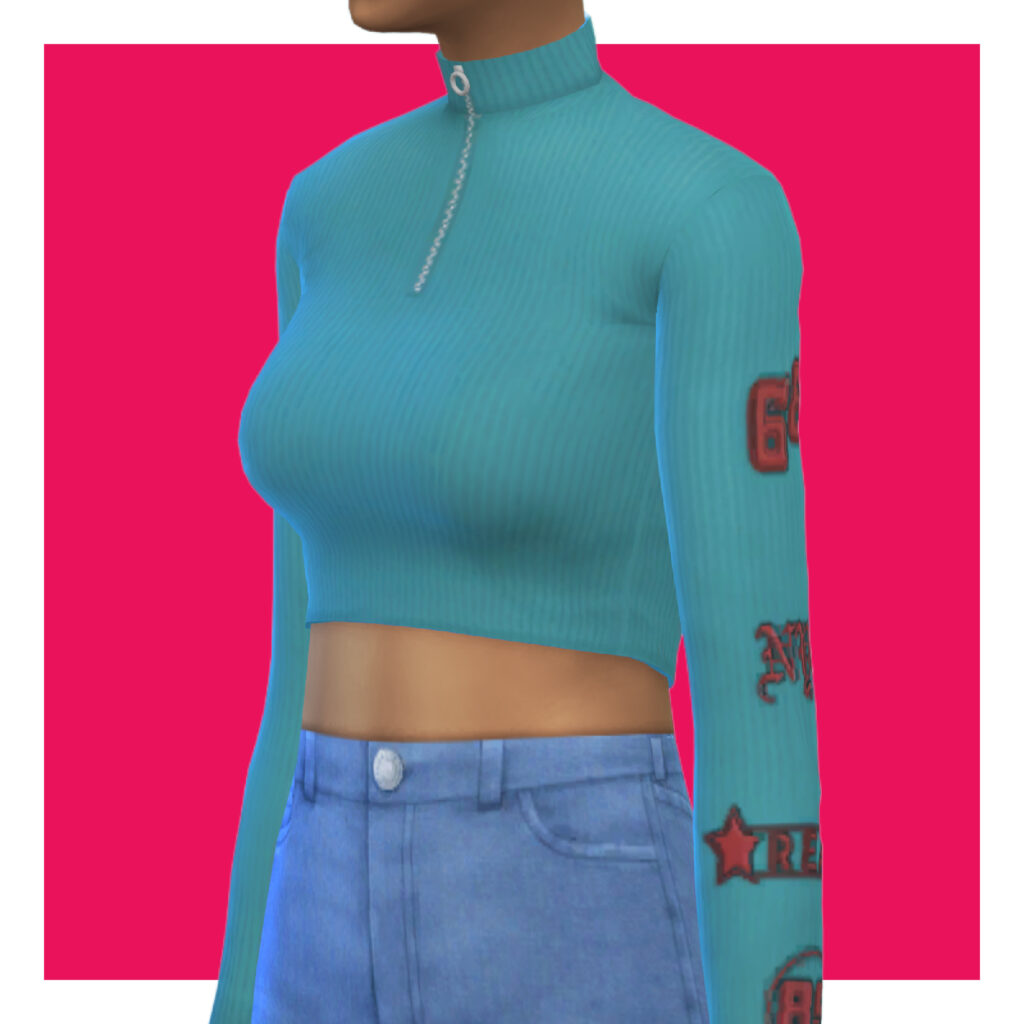 Ein Sim auf einem rosa Hintergrund, der eine blaue Jeans und einen langärmligen blauen Pullover mit Aufdrucken am Arm trägt.