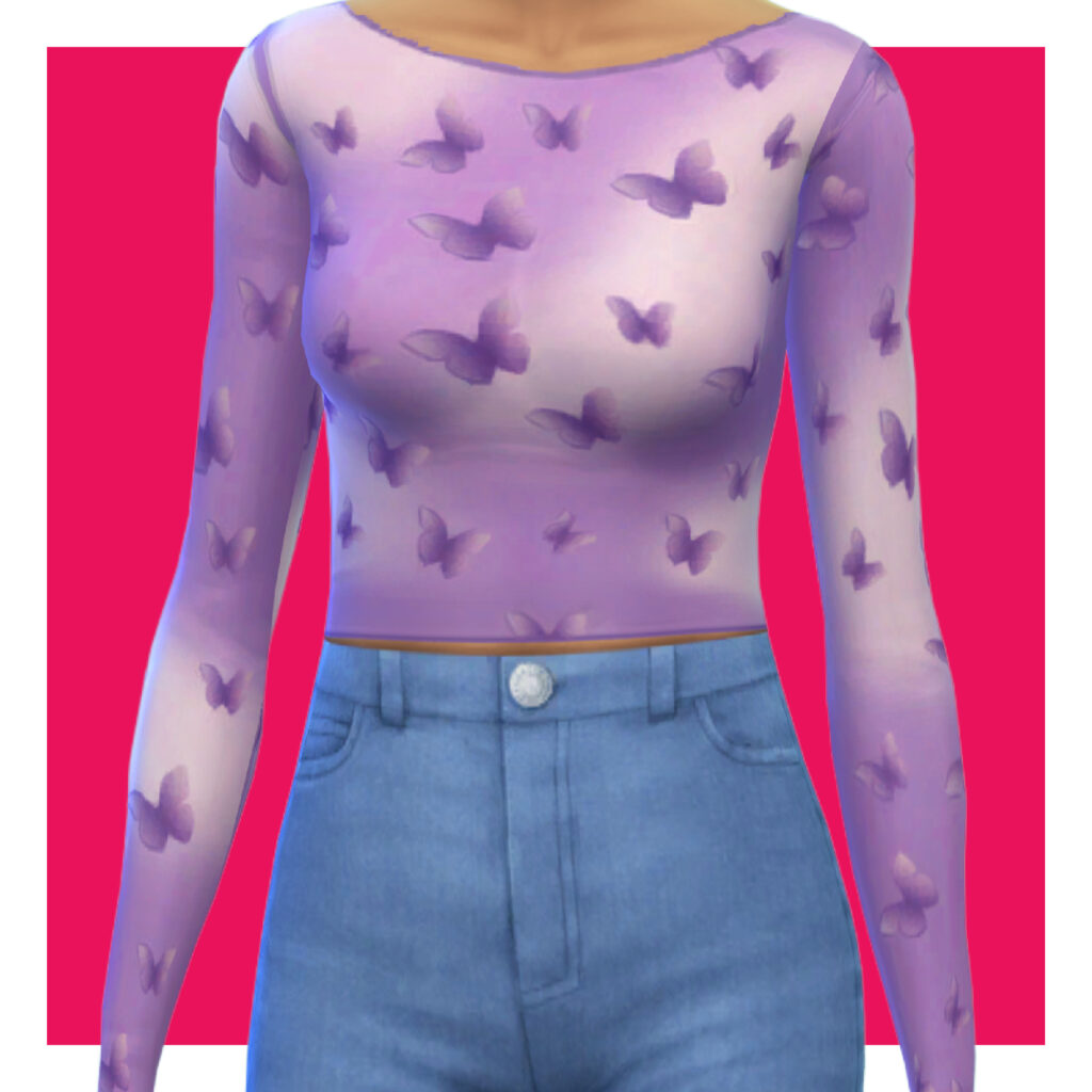 Ein Sim auf einem rosa Hintergrund, der eine blaue Jeans und ein lila Shirt mit Schmetterlingen trägt.