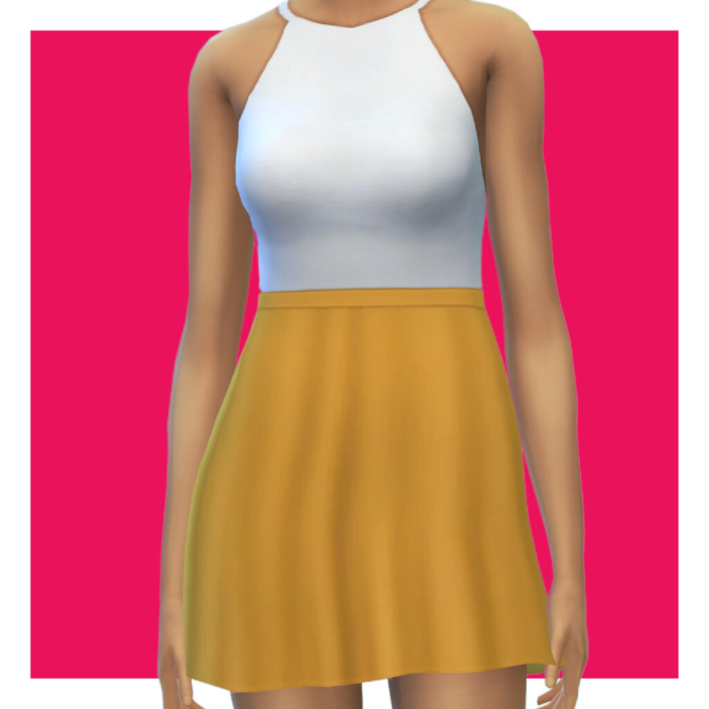Ein Sim auf einem rosa Hintergrund trägt ein Kleid mit einem hochgeschlossenen Oberteil in Weiß und einem Rock in Gelb.