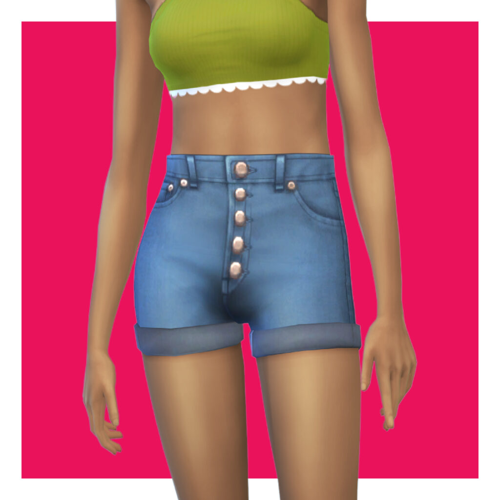 Ein Sim auf einem rosa Hintergrund trägt ein grünes Crop-Top und Jeans-Shorts mit fünf Knöpfen.