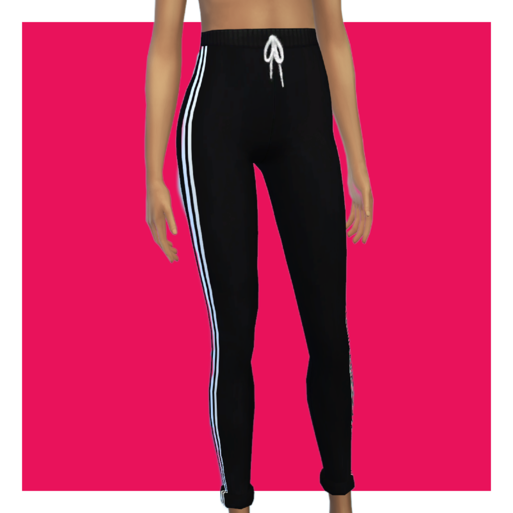 Ein Sim auf einem rosa Hintergrund, der schwarze Sweatpants trägt, die weiße Linien an den Seiten haben.