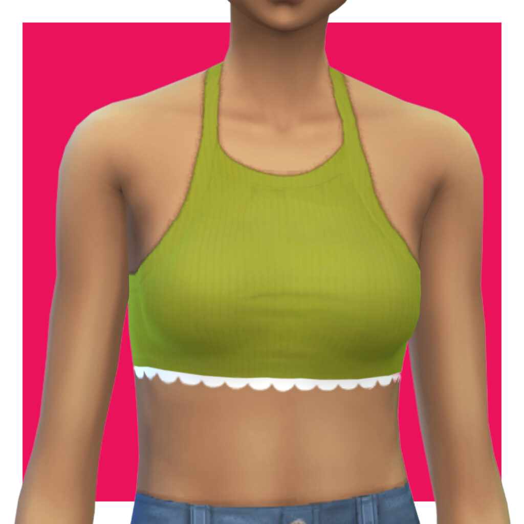 Eine Sim auf einem rosa Hintergrund trägt ein grünes Tanktop mit weißem Saum am unteren Rand.
