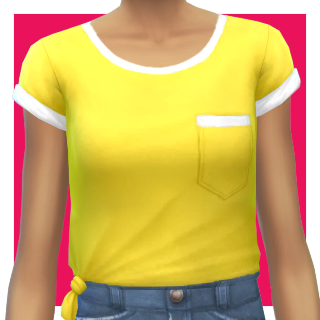 Ein Sim auf einem rosa Hintergrund, der eine blaue Jeans mit einem T-Shirt trägt. Das Shirt ist gelb mit weißer Verzierung am Kragen und an den Armlöchern. Das Shirt ist seitlich geknotet.