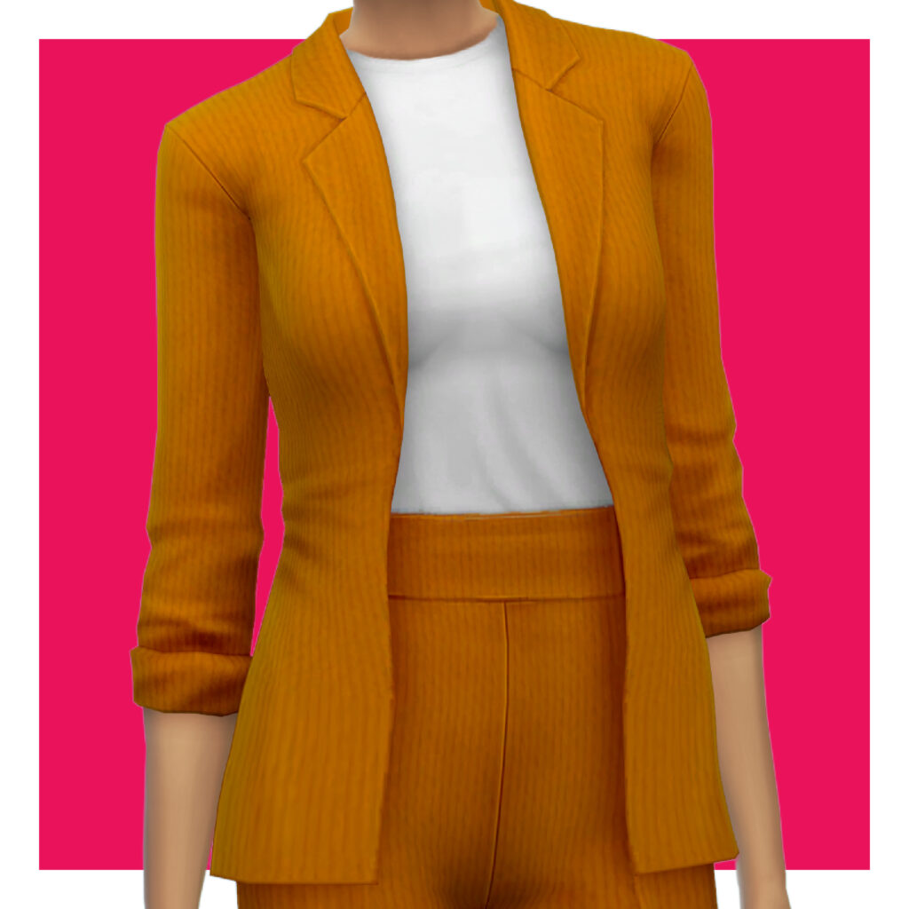 Ein Sim auf einem rosa Hintergrund, der ein weißes T-Shirt unter einem orangefarbenen Hosenanzug trägt.