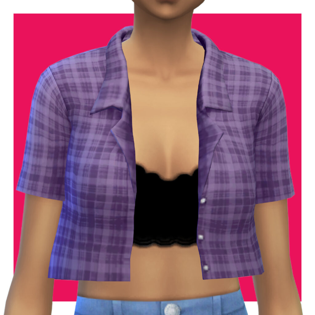 Ein Sim auf einem rosa Hintergrund, der ein schwarzes Spitzen-Bralette unter einem karierten lila Flanellhemd trägt, das verkürzt und offen ist.