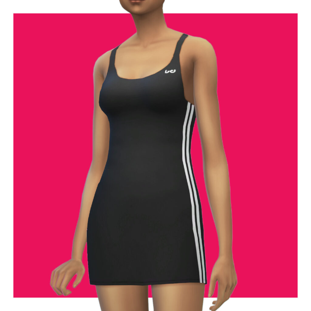 Ein Sim auf einem rosa Hintergrund, der ein sportliches Kleid trägt, mit zwei weißen Linien an den Seiten.