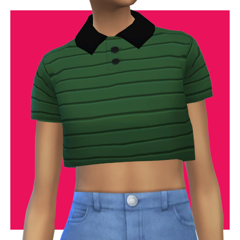 Ein Sim auf einem rosa Hintergrund trägt Jeans mit einem gestreiften Crop-Top, bei dem alle Knöpfe geschlossen sind.