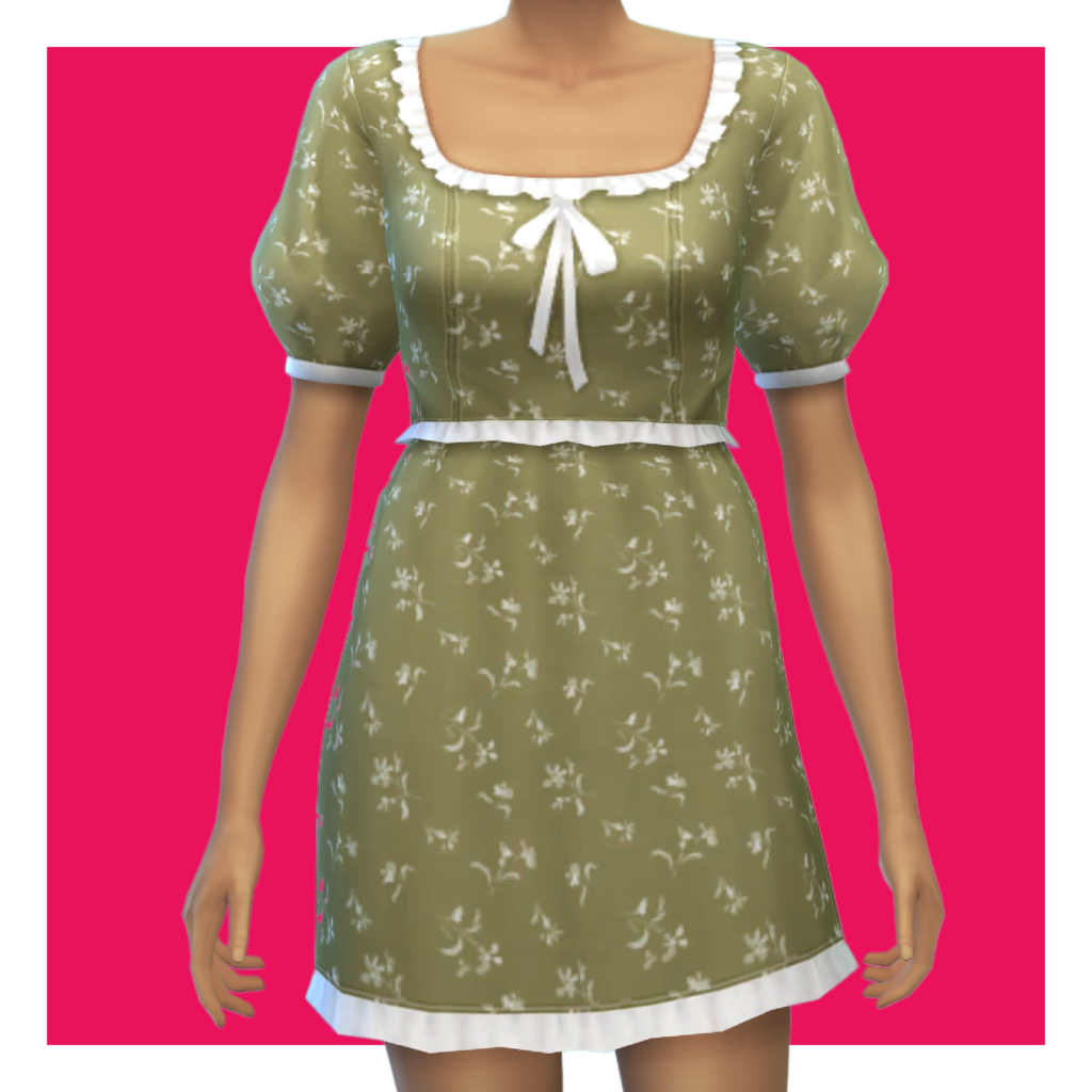 Ein Sim auf einem rosa Hintergrund trägt ein Kleid in olivgrün mit weißen Blumen und weißem Rüschensaum.