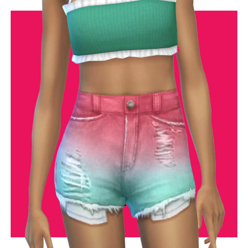 Ein Sim auf einem rosa Hintergrund, der ein türkisfarbenes Tanktop und eine Shorts in Pink-Türkis-Ombre trägt.
