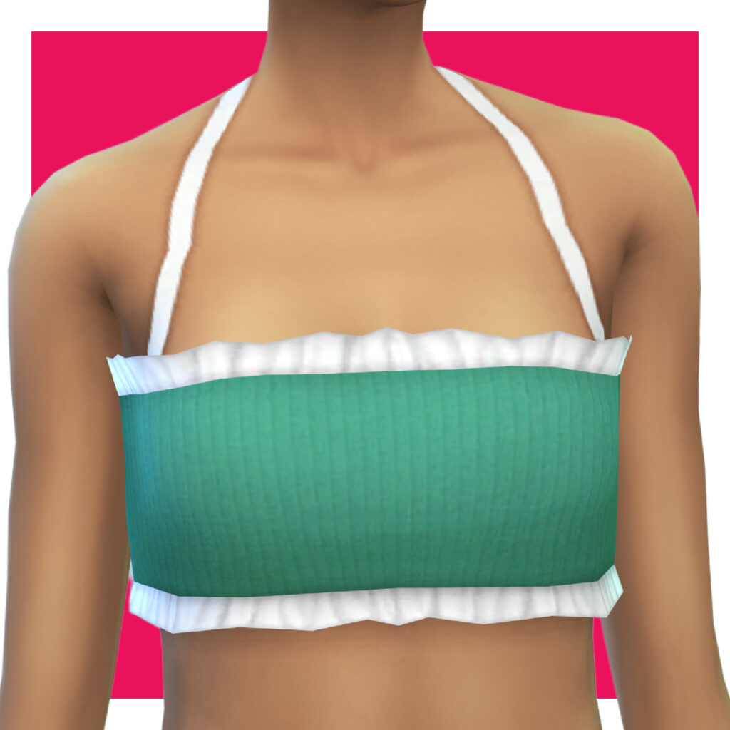 Ein Sim auf einem rosa Hintergrund, der ein Halftertanktop trägt, das als Hauptfarbe türkis mit weißem Rüschensaum und weißen Trägern hat.