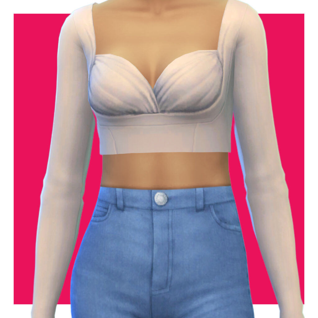Ein Sim auf einem rosa Hintergrund, der Jeans mit einem beigen Crop-Top trägt
