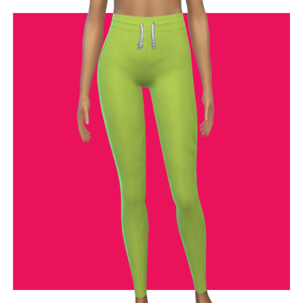 Ein Sim auf einem rosa Hintergrund, der leuchtend grüne Sweatpants trägt.