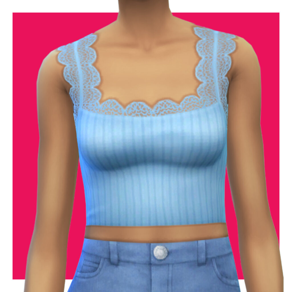 Ein Sim auf einem rosa Hintergrund, der ein blaues geripptes Tanktop mit Spitze an den Trägern trägt.