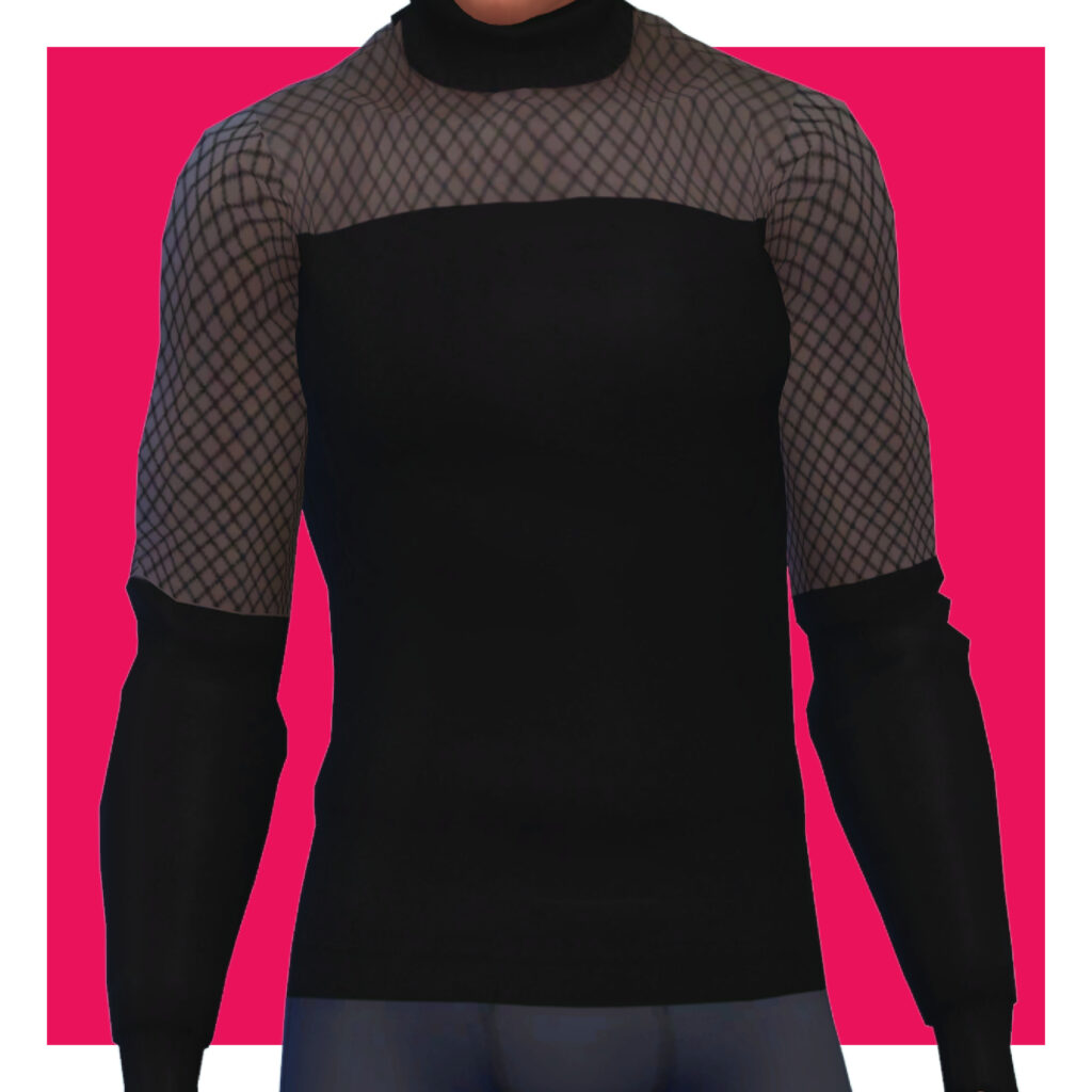 Ein männlicher Sim aus Die Sims 4 auf einem rosa Hintergrund. Der Kopf des Sims ist ausgeschnitten. Der Sim trägt einen langärmeligen schwarzen Pullover mit Mesh-Ausschnitten.