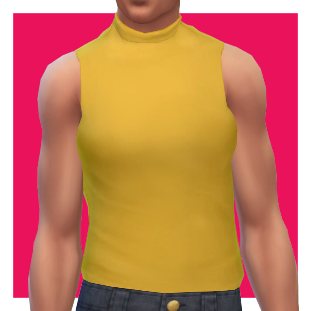 Ein männlicher Sim aus Die Sims 4 auf einem rosa Hintergrund. Der Kopf des Sims ist aus dem Bild herausgeschnitten. Der Sim trägt ein ärmelloses Mock-Neck-Tanktop.