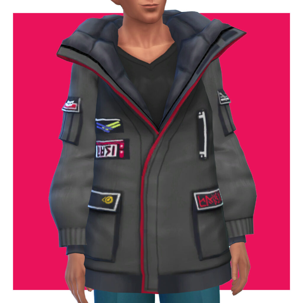 Ein männlicher Sim aus Die Sims 4 auf einem rosa Hintergrund. Dieser Sim hat den Kopf aus dem Bild beschnitten. Er trägt eine Sims 4 CC Kleidungsjacke, die perfekt zum Skifahren ist.