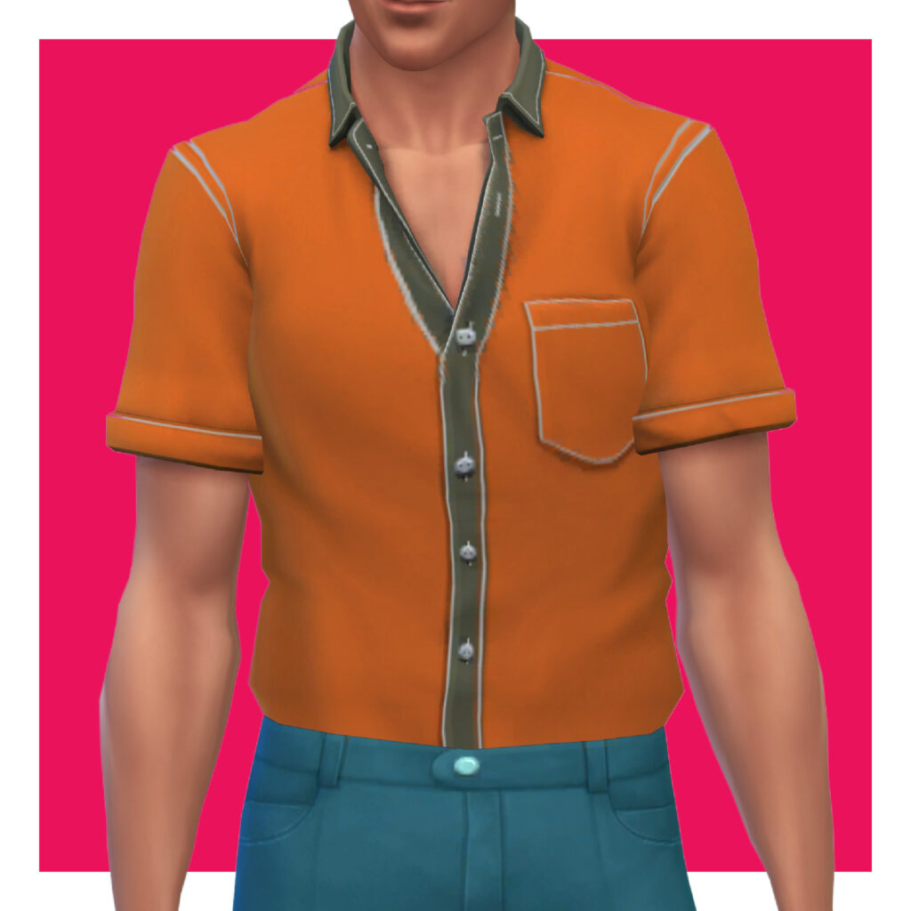 Ein männlicher Sim aus Die Sims 4 auf einem rosa Hintergrund. Dieser Sim hat den Kopf aus dem Bild herausgeschnitten. Er trägt ein orangefarbenes Button-Down-T-Shirt mit einer Tasche auf einer Seite der Brust und sein Hemd hat grüne Akzente.