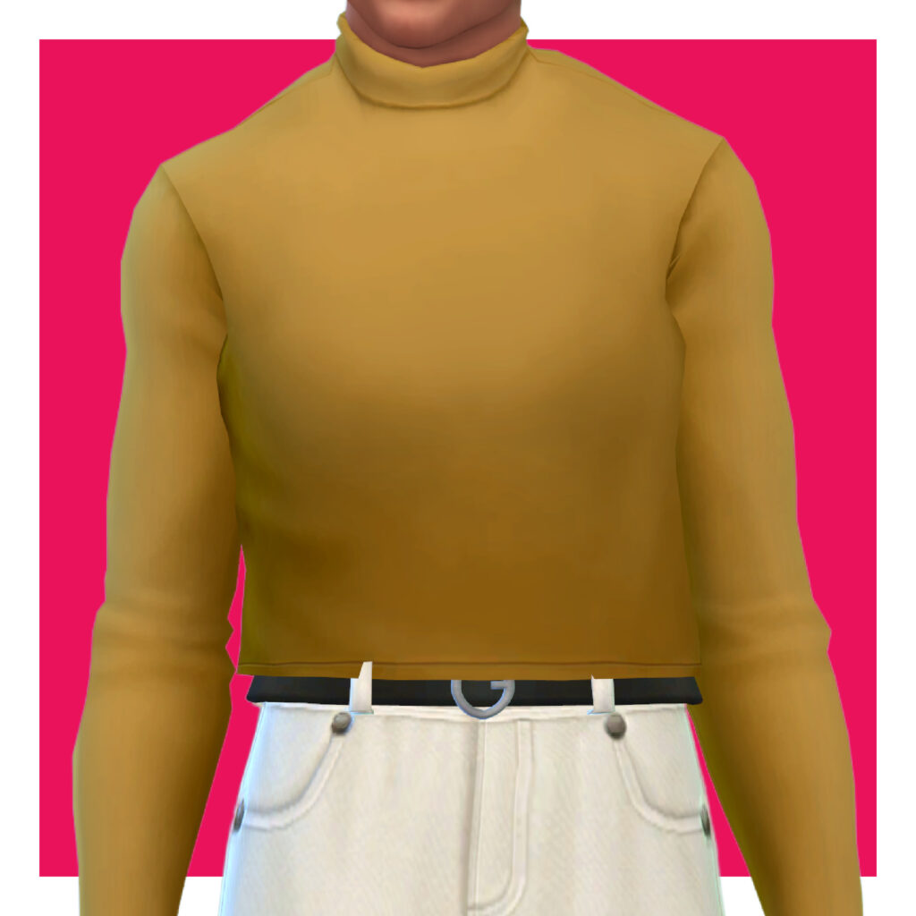 Ein männlicher Sim aus Die Sims 4 auf einem rosa Hintergrund. Dieser Sim hat den Kopf aus dem Bild herausgeschnitten. Der Sim trägt ein gelbes Langarm-Rollkragenpullover als sein Sims 4 CC-Kleidungsstück.