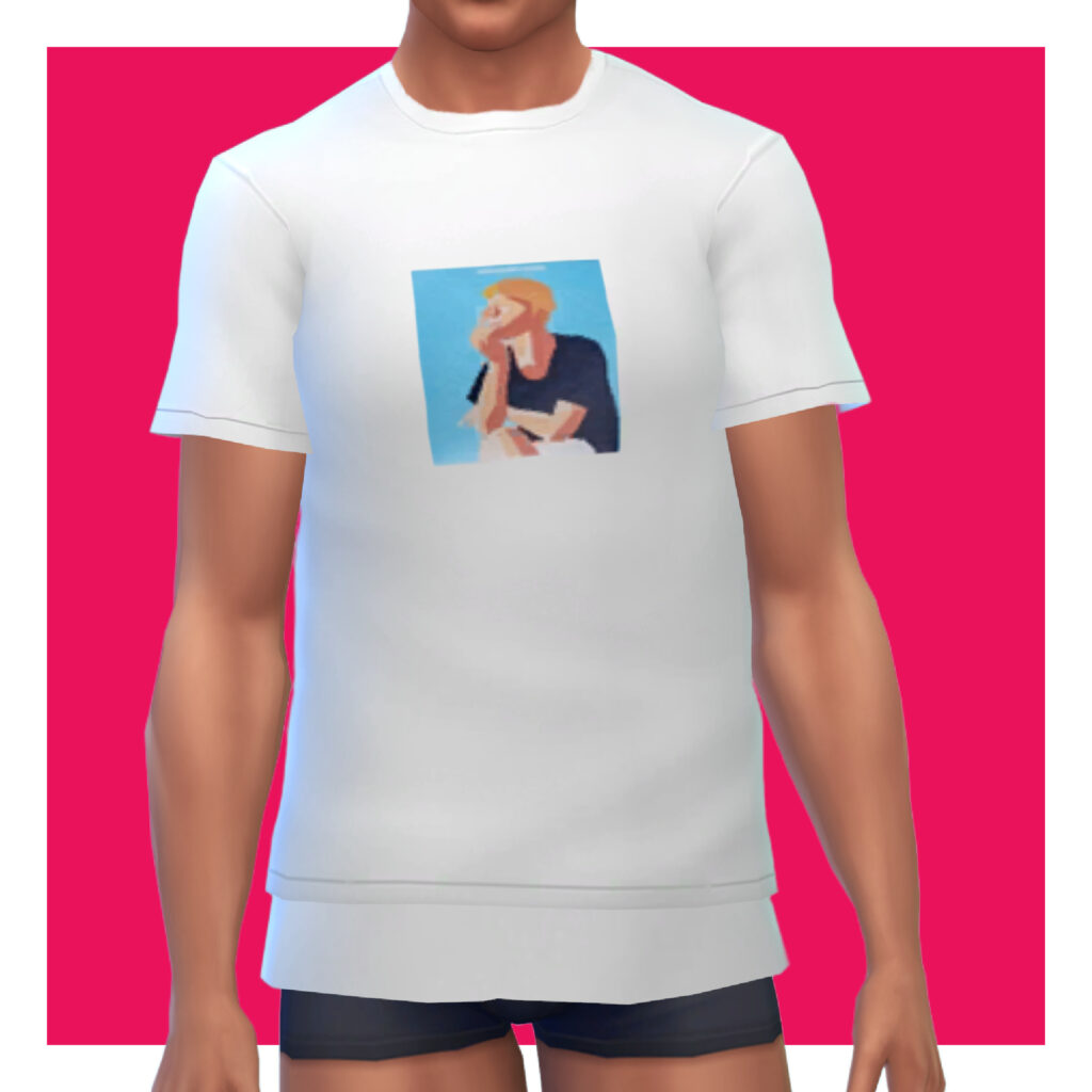 Ein männlicher Sim aus Die Sims 4 auf einem rosa Hintergrund. Dieser Sim hat den Kopf aus dem Bild ausgeschnitten. Er trägt ein weißes T-Shirt mit einem kleinen Quadrat, auf dem eine Cartoonabbildung eines Mannes zu sehen ist.